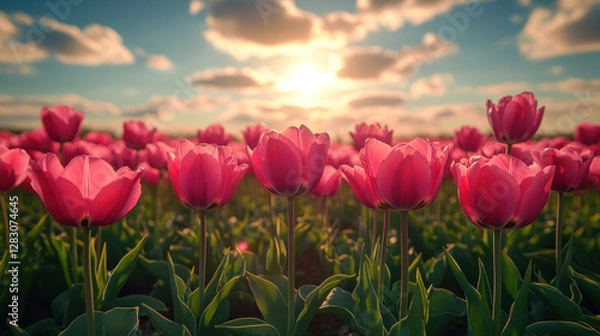 Fototapeta Spring background showcasing blooming tulip fields in vibrant pinks and yellows under a sunny sky