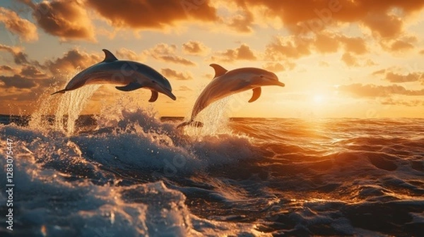 Fototapeta Dolphins leaping joyfully through sparkling ocean waves in a radiant summer seascape, their sleek bodies catching the golden rays of the setting sun; the vibrant scene is