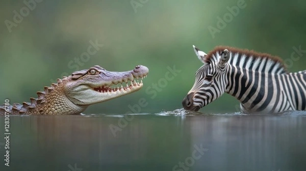 Fototapeta Crocodile lunging out of water at a zebra drinking at the river edge, frozen mid-action, isolated on a cinematic green background