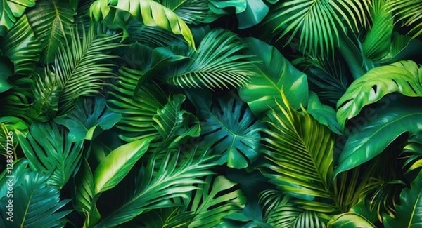 Fototapeta Tropical lush green foliage background with various types of palm and leaf plants in natural arrangement