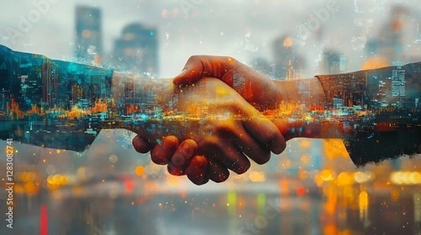 Fototapeta A strategic investment deal represented in double exposure, intertwining a handshake with a vibrant financial landscape, dynamic stock analytics flowing, holographic trade interfaces,