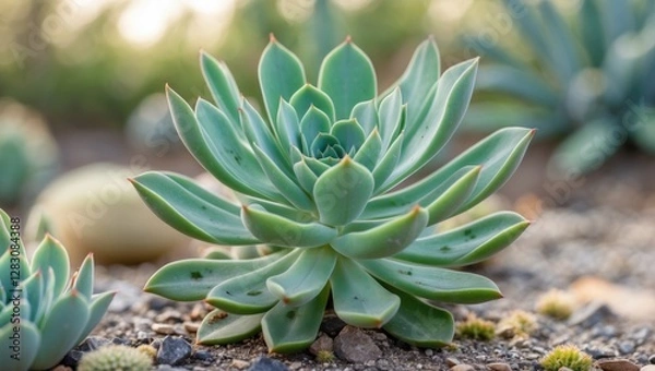 Fototapeta Closeup of a vibrant green Haworthia succulent plant with a blurred garden background highlighting its unique texture and form.