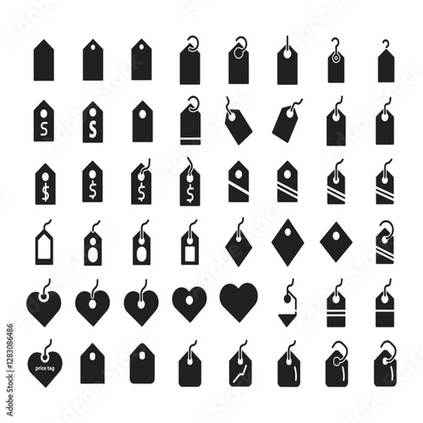 Fototapeta  bold and versatile set of solid price tag icons in various shapes, ideal for product labeling, promotions, and retail branding.