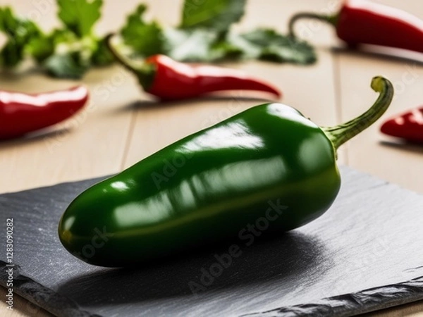 Obraz Single Jalapeño Pepper on Dark Slate – Crisp Texture & Glossy Surface

