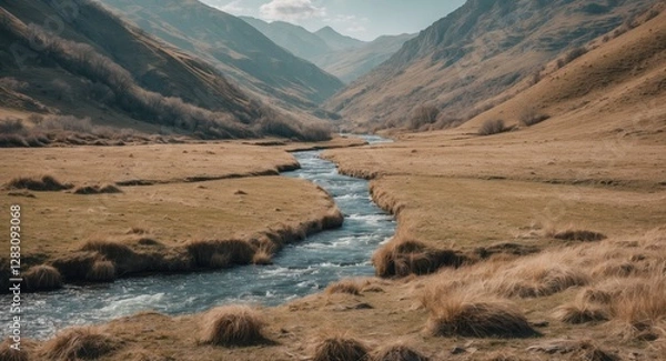 Obraz Mountain valley landscape with river flowing through grassy plains under cloudy sky in early spring scenery Copy Space