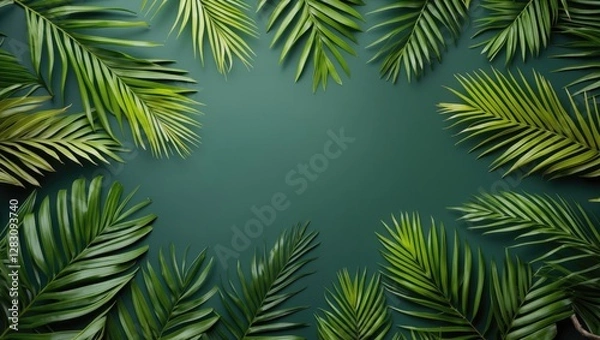 Fototapeta Tropical green palm leaves arranged on a dark green background with ample copy space for text placement