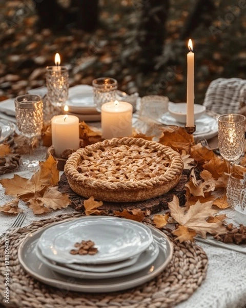 Fototapeta A cozy autumn table setting with rustic candles, golden leaves, and a freshly baked pie in the center,