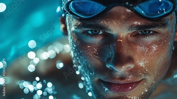 Fototapeta a strong and athletic man training in a swimming pool wearing a cap and goggles focused on endurance performance and competitive fitness in an aquatic sport environment