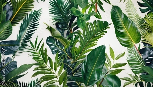 Fototapeta Tropical green leaves pattern background with various foliage textures and colors ideal for nature or botanical design projects Copy Space