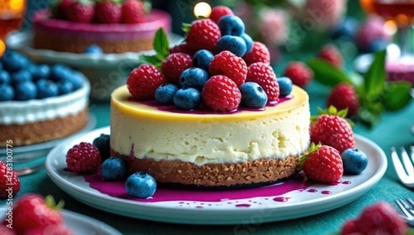 Fototapeta Delectable cheesecake topped with fresh berries served on a festive table showcasing vibrant colors and inviting textures