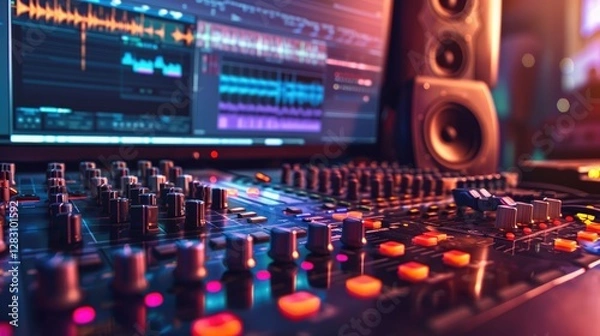 Fototapeta Professional Music Studio Mixing Console with Audio Editing Software on Computer Screen