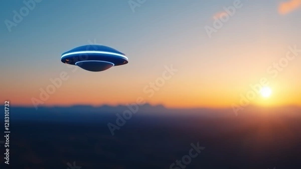 Fototapeta A futuristic UFO hovers against a vibrant sunset, casting an intriguing silhouette over the landscape.