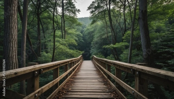 Fototapeta Wooden bridge pathway leading through dense green forest with lush trees and soft lighting creating a tranquil atmosphere Copy Space
