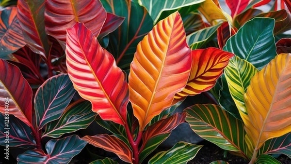 Fototapeta Vibrant Croton leaves showcasing a stunning array of red, orange, yellow, and green hues against a lush tropical background.