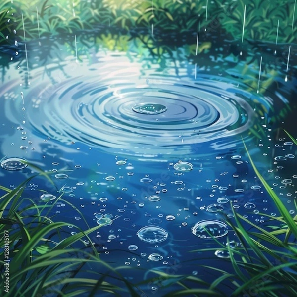 Fototapeta Serene Rainwater Puddle with Ripples Bubbles and Lush Green Grass