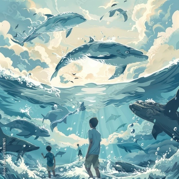 Fototapeta Whimsical Ocean Scene Boys Gaze at Leaping Whales and Dolphins in a Dreamlike Seascape