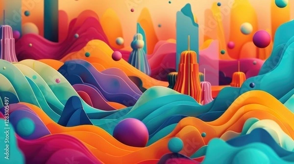 Fototapeta Vibrant Abstract 3D Render Colorful Waves Spheres and Geometric Structures