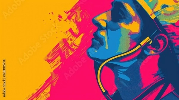 Fototapeta Vibrant Abstract Portrait of Person Listening to Music with Headphones Bold Colors and Graphic Style