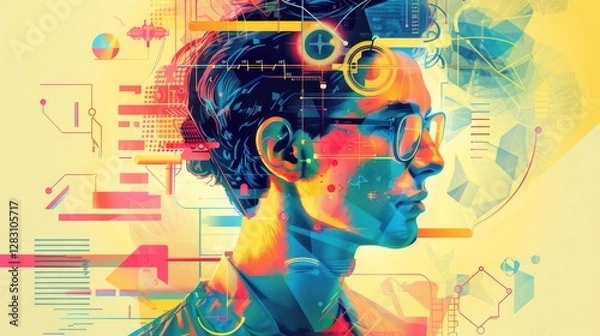 Fototapeta Vibrant Digital Portrait of Person with Tech Elements Abstract Art Colorful Design