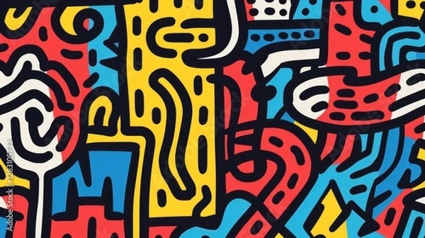 Fototapeta Abstract Colorful Doodle Art Pattern Background Bold Lines Vibrant Red Yellow Blue Modern Design