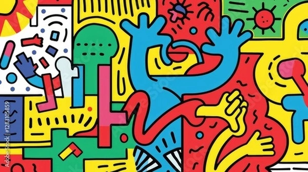 Fototapeta Vibrant Abstract Colorful Doodle Art Bold Lines Shapes Figures Pop Art Style Illustration