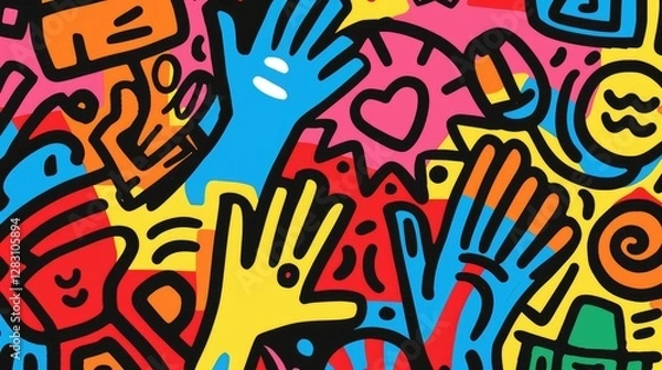 Fototapeta Vibrant Abstract Colorful Doodle Art Print Bold Hand Drawn Design Graphic Illustration