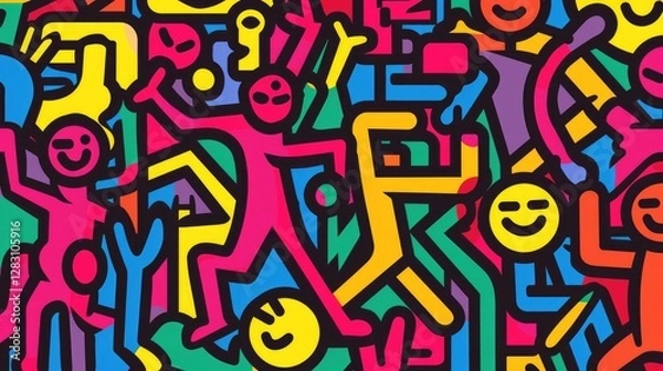 Fototapeta Vibrant Colorful Abstract Crowd of Happy Dancing People Seamless Pattern Design