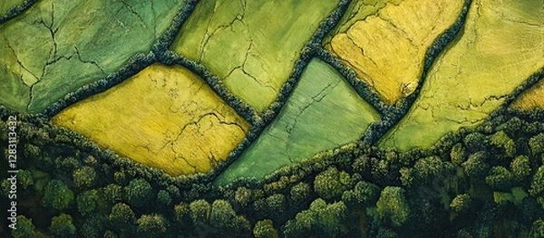 Fototapeta Vibrant green and yellow patchwork fields with hedgerows in the foreground and lush tree borders reflecting rural landscape beauty from above