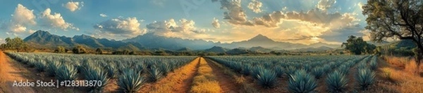 Fototapeta Agave Fields and Majestic Mountains at Sunset. Generative AI