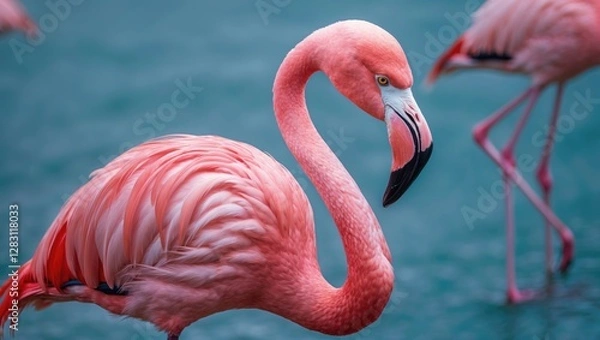 Fototapeta Close-up of a flamingo standing in water with vibrant pink feathers and distinct curved neck against a blurred blue background