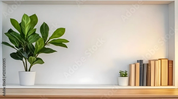Fototapeta Cozy Home Office with a Minimalist Bookcase and Neutral Zoom Background
