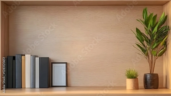 Fototapeta Cozy Home Office with a Minimalist Bookcase and Neutral Zoom Background
