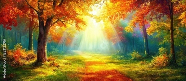 Fototapeta Vibrant autumn forest scene with golden sunlight filtering through colorful foliage casting long shadows on the path illuminated by warm hues