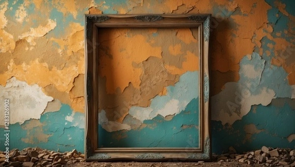 Fototapeta Empty vintage wooden frame against a textured wall with peeling paint in shades of orange and blue, ideal for elegant background designs.