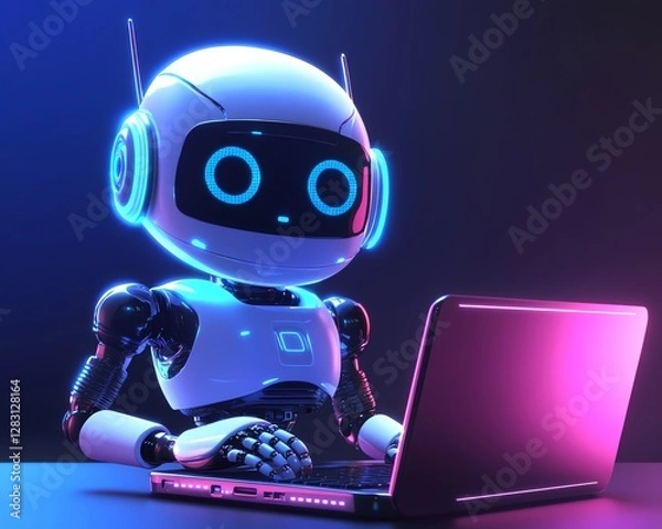 Fototapeta Friendly AI robot using laptop, futuristic neon blue light, robot assistant focused on typing, 3D illustration showcasing chatbot technology and modern AI work concept