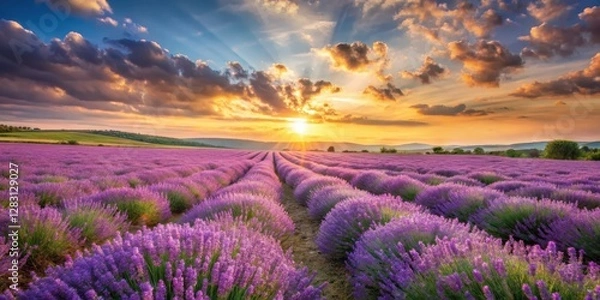 Fototapeta Beautiful lavender fields under a warm sunny sky with gentle breeze, peaceful scene, countryside