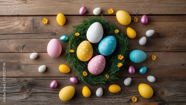 Fototapeta Colorful Easter eggs arranged on a wooden table with greenery and small floral decorations for festive spring celebrations