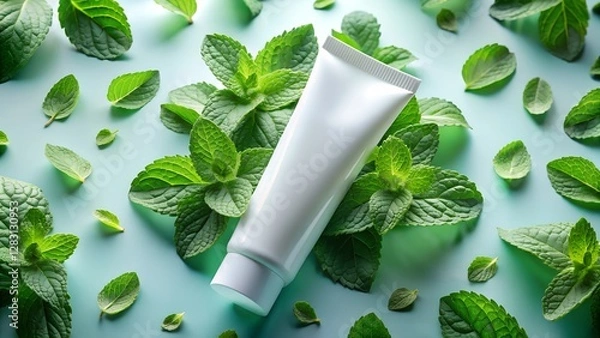 Fototapeta Sleek Toothpaste Tube with Mint Burst and Floating Leaves