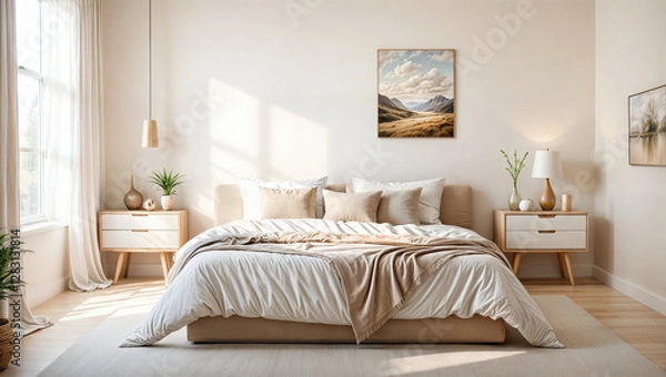 Fototapeta This image shows a peaceful bedroom with a bed decorated with beige and white linens, two bedside tables with lamps and plants, and a large window that fills the room with natural light.