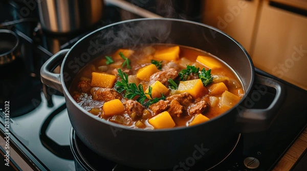 Fototapeta cozy kitchen with pot of healthy stew featuring meat, squash, and herbs. steam rises, creating warm atmosphere