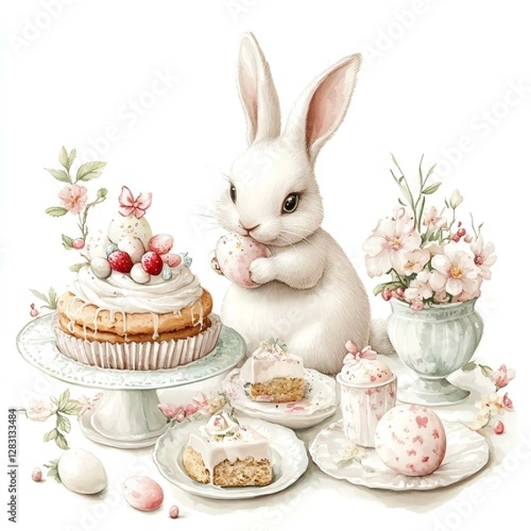 Fototapeta A whimsical scene featuring a bunny surrounded by delicious cakes and spring flowers.