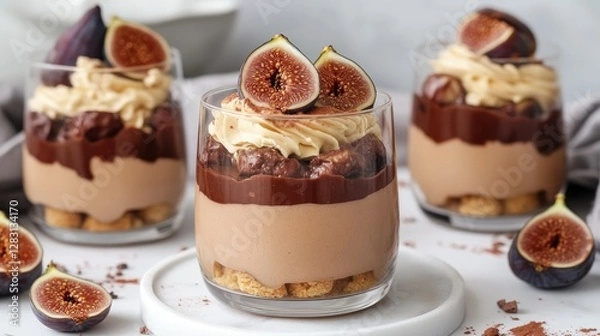 Fototapeta Trifle dessert with velvety chocolate buttercream, sliced figs, and crunchy biscuit layers, served in a glass with a delicate garnish of cocoa dust.