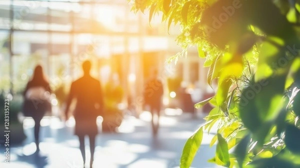 Fototapeta Blurred background of people walking in a modern office building with green trees and sunlight , eco friendly and ecological responsible business concept