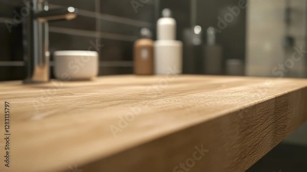Obraz A close-up of a space on a minimal wooden bathroom tabletop in a modern elegant bathroom.