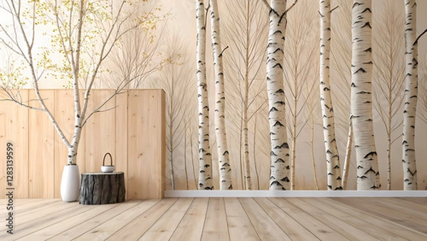 Fototapeta Light colored birch wood interior evokes calmness with texture, subtle grain pattern. Floor blends seamlessly with birch, promoting relaxation