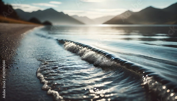 Fototapeta gentle waves on sandy shore, sunrise over calm waters, tranquil beach with soft waves, peaceful lake with mountain view, rippling water at sunrise, serene seascape with reflections.