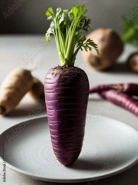 Obraz Realistic Purple Carrot on Plate – High-Resolution Organic Food Shot
