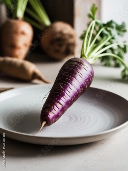 Obraz Single Purple Carrot Close-Up – Deep Color & Rustic Kitchen Setting
