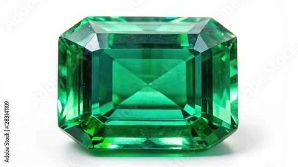 Fototapeta Emerald gemstone, emerald cut, white background