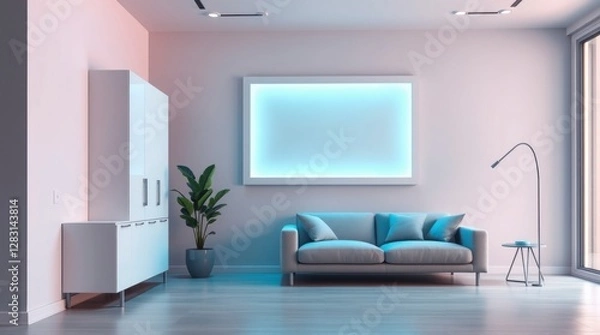 Fototapeta Modern style white living room interior with blank wall for copy space 3d render,There are wooden floors with large windows overlooking entrance door and nature view.